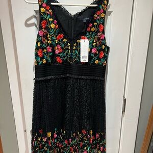French Connection Black Midi Dress with Multicolor Floral Embroidery